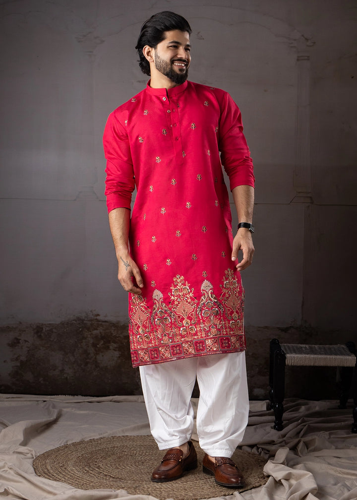 Raspberry Pink Rayon Printed Kurta Pajama Set with Fine Embroidery