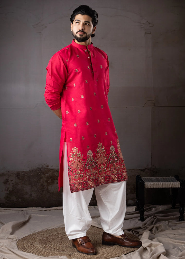 Raspberry Pink Rayon Printed Kurta Pajama Set with Fine Embroidery