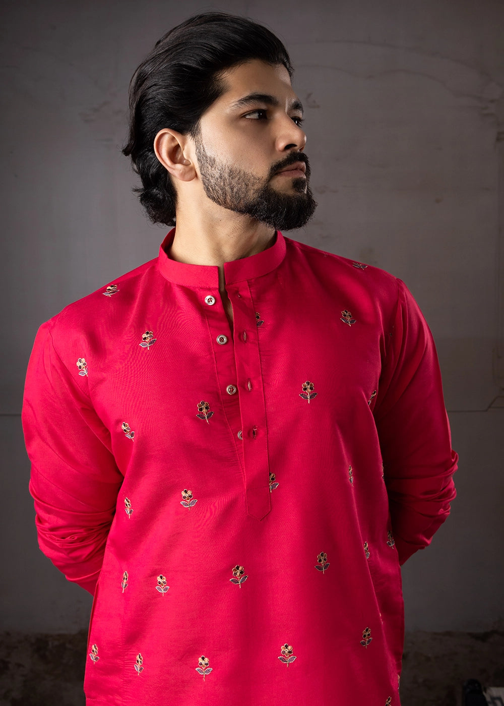 Raspberry Pink Rayon Printed Kurta Pajama Set with Fine Embroidery