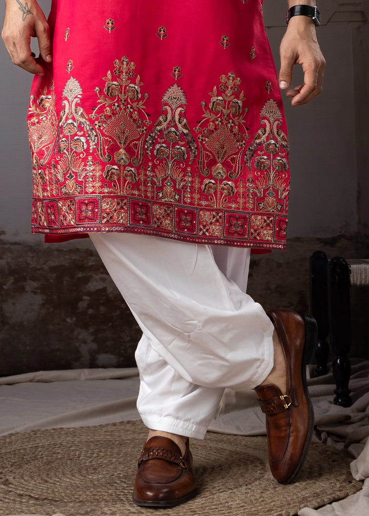 Raspberry Pink Rayon Printed Kurta Pajama Set with Fine Embroidery