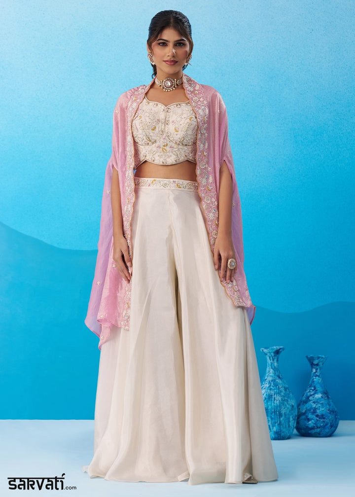 Cream White Viscose Top & Palazzo Ensemble with Pink Cape