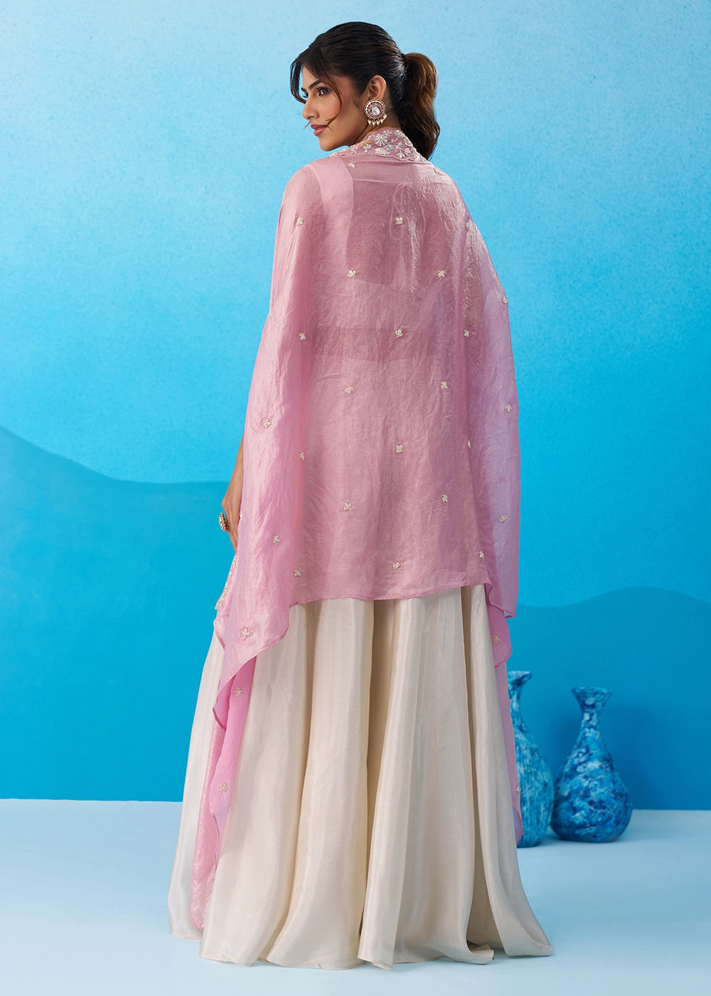 Cream White Viscose Top & Palazzo Ensemble with Pink Cape