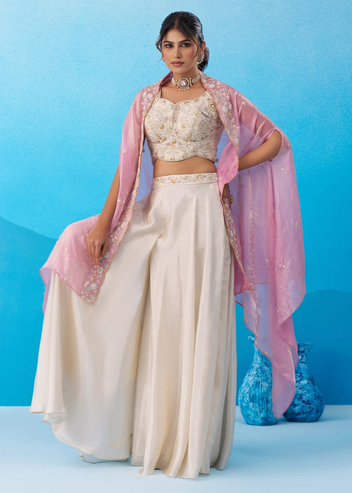 Cream White Viscose Top & Palazzo Ensemble with Pink Cape