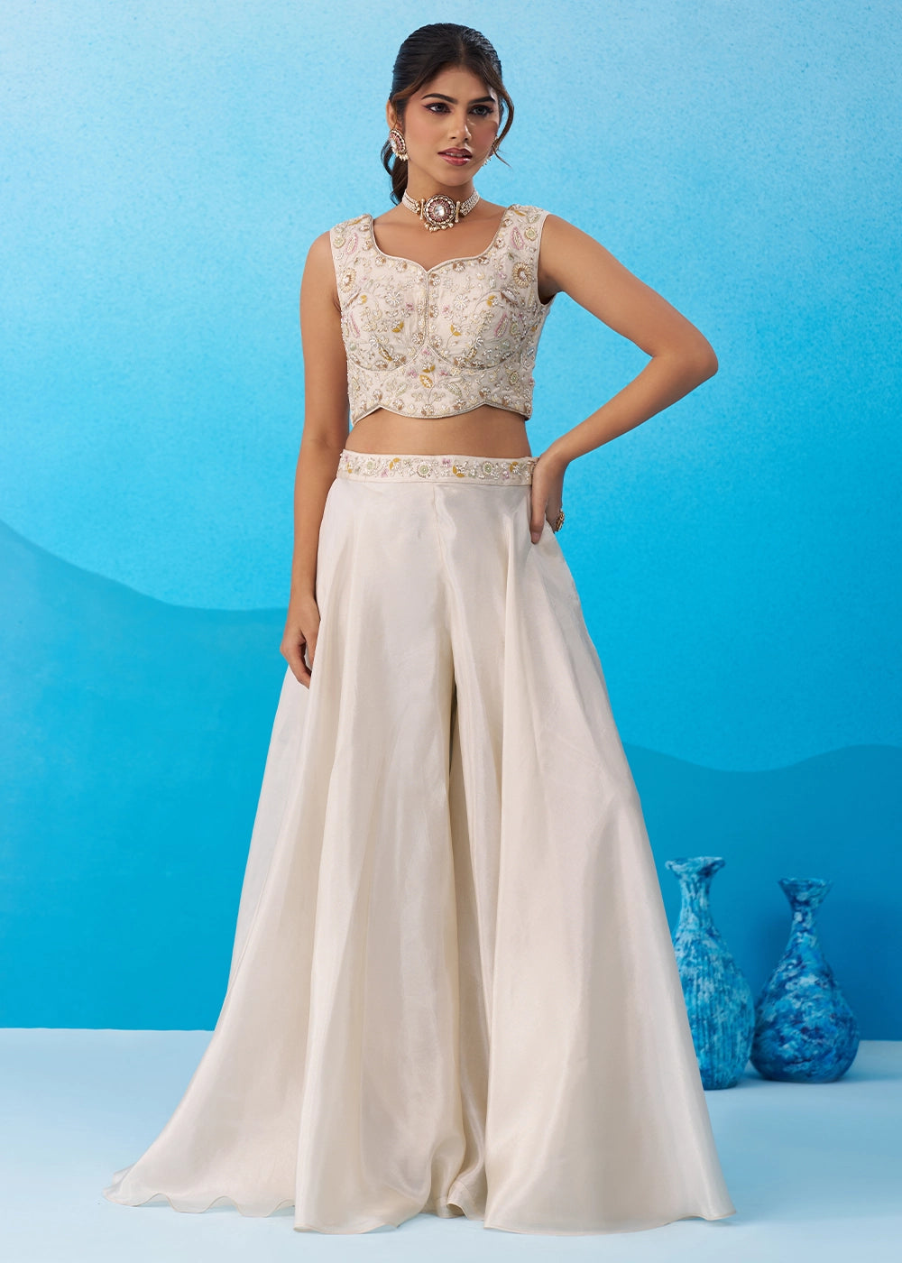 Cream White Viscose Top & Palazzo Ensemble with Pink Cape