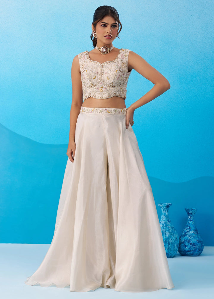 Cream White Viscose Top & Palazzo Ensemble with Pink Cape