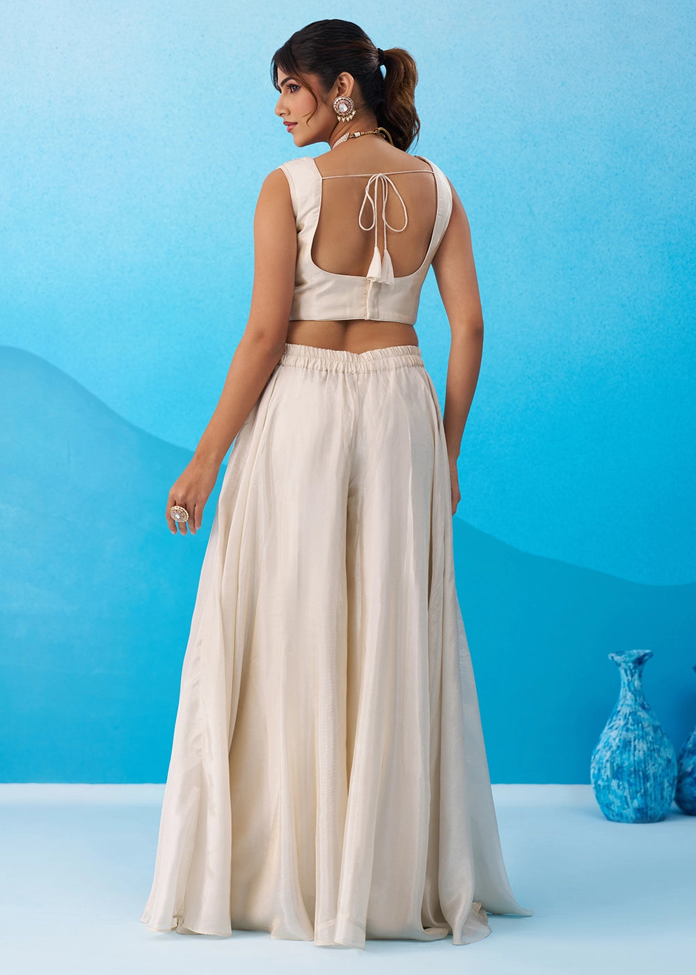Cream White Viscose Top & Palazzo Ensemble with Pink Cape