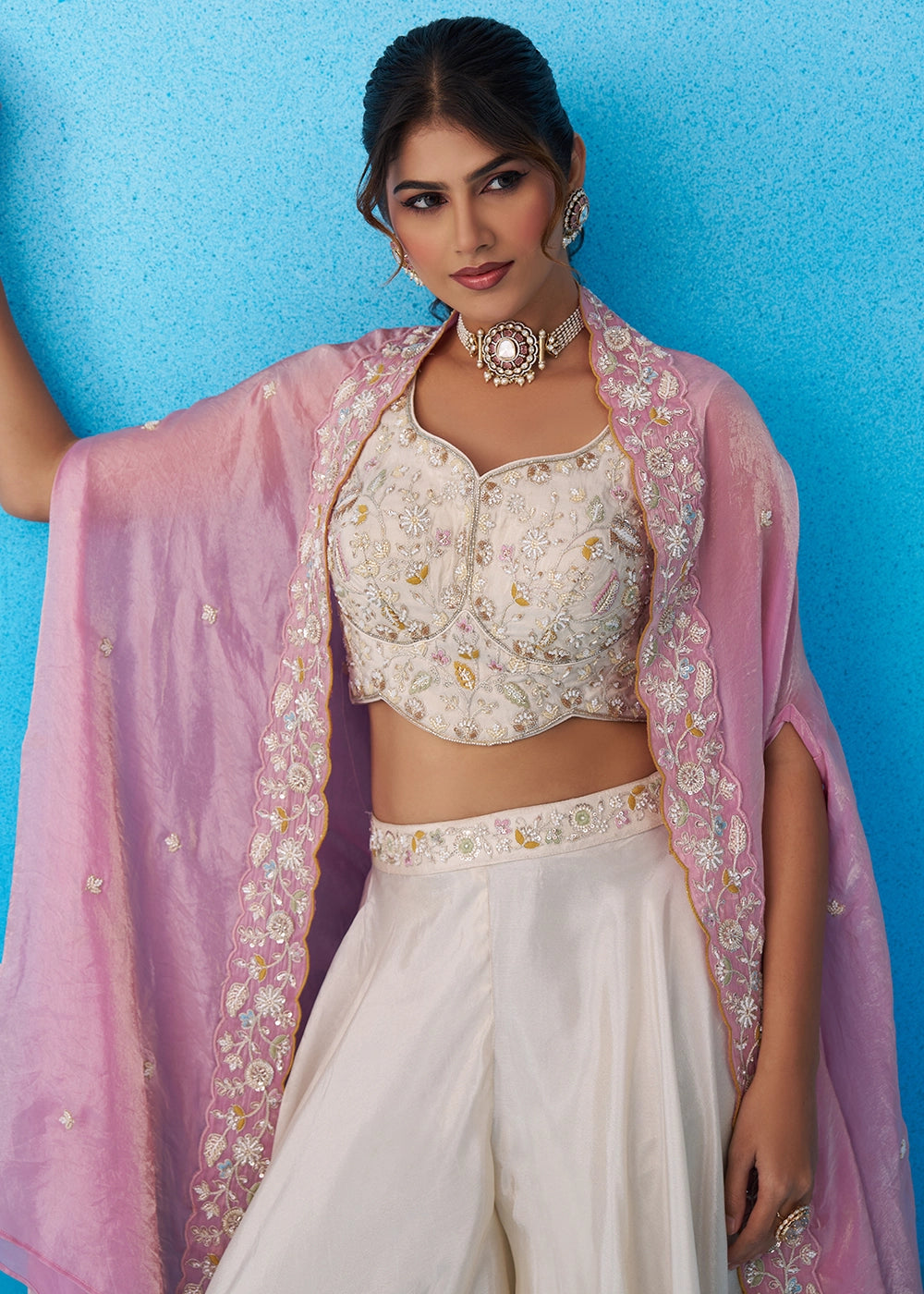 Cream White Viscose Top & Palazzo Ensemble with Pink Cape
