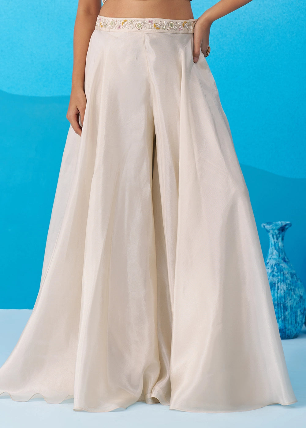 Cream White Viscose Top & Palazzo Ensemble with Pink Cape