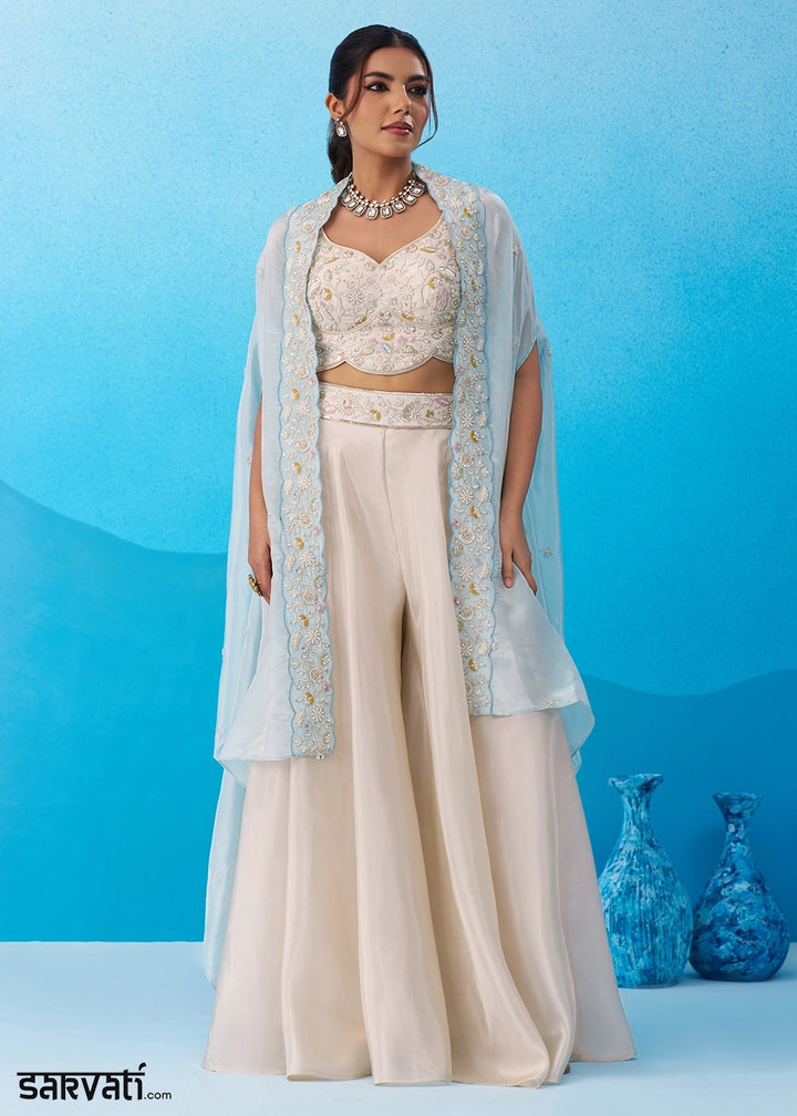 Cream White Viscose Top & Palazzo Ensemble with Blue Cape