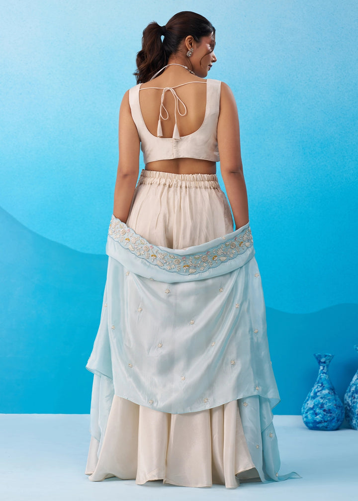 Cream White Viscose Top & Palazzo Ensemble with Blue Cape