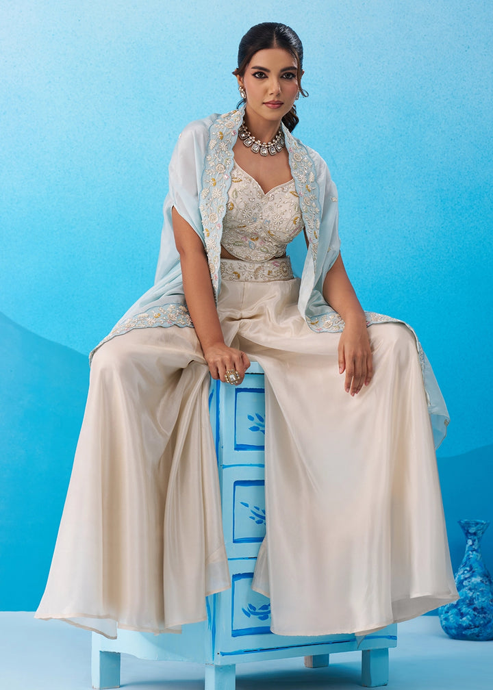 Cream White Viscose Top & Palazzo Ensemble with Blue Cape
