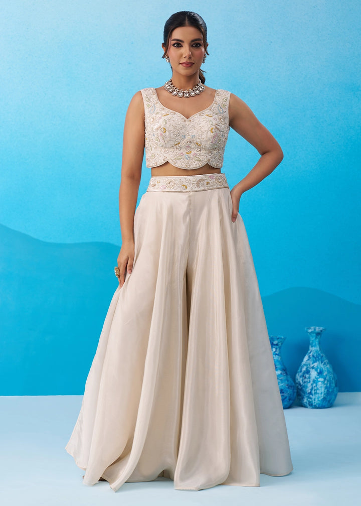 Cream White Viscose Top & Palazzo Ensemble with Blue Cape