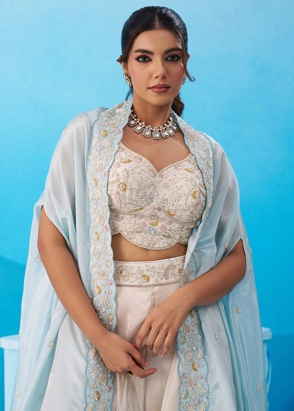 Cream White Viscose Top & Palazzo Ensemble with Blue Cape