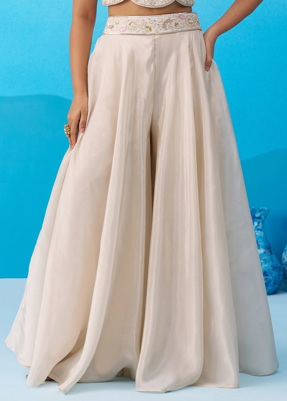 Cream White Viscose Top & Palazzo Ensemble with Blue Cape
