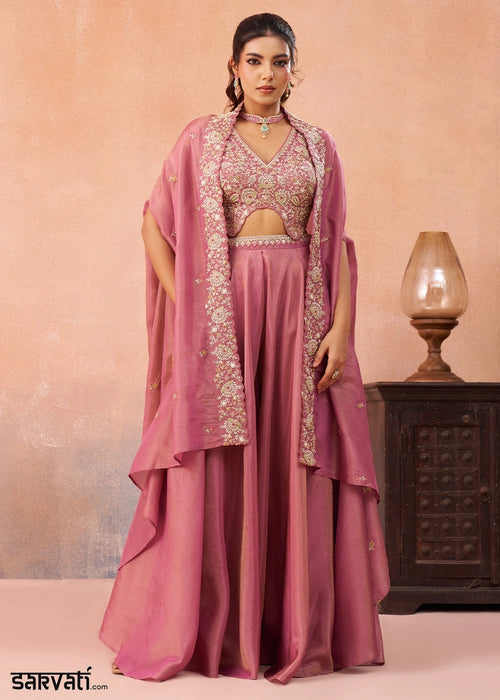 Shades Of Purple Crepe Top & Palazzo Ensemble with Flared Cape