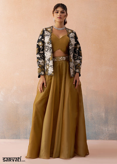 Mustard Brown Tissue Top & Palazzo Ensemble with Black Jacket