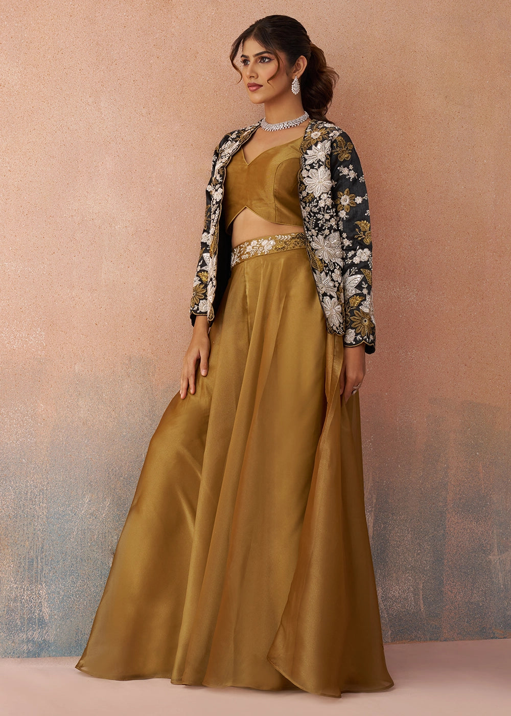 Mustard Brown Tissue Top & Palazzo Ensemble with Black Jacket