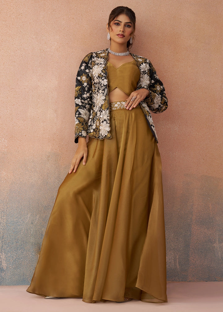 Mustard Brown Tissue Top & Palazzo Ensemble with Black Jacket