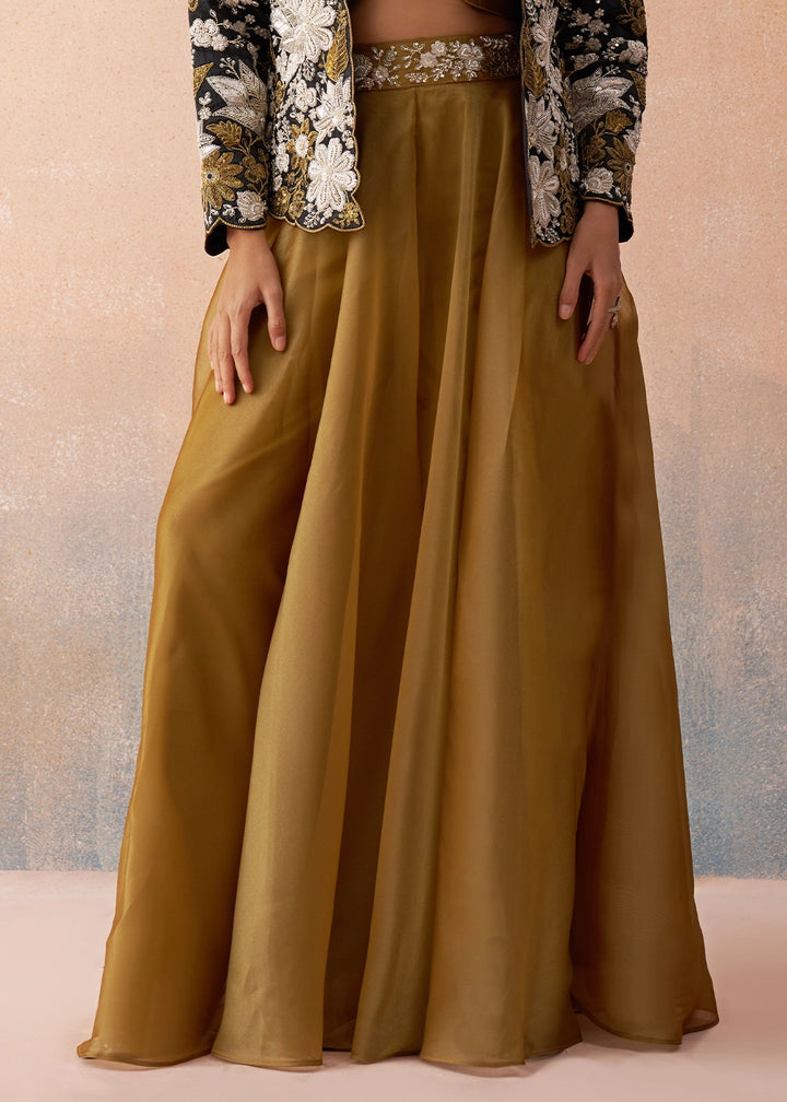 Mustard Brown Tissue Top & Palazzo Ensemble with Black Jacket