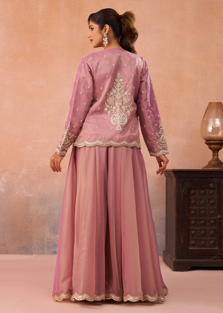 Pinkish Purple Tissue Top & Palazzo Ensemble with Embroidered Jacket