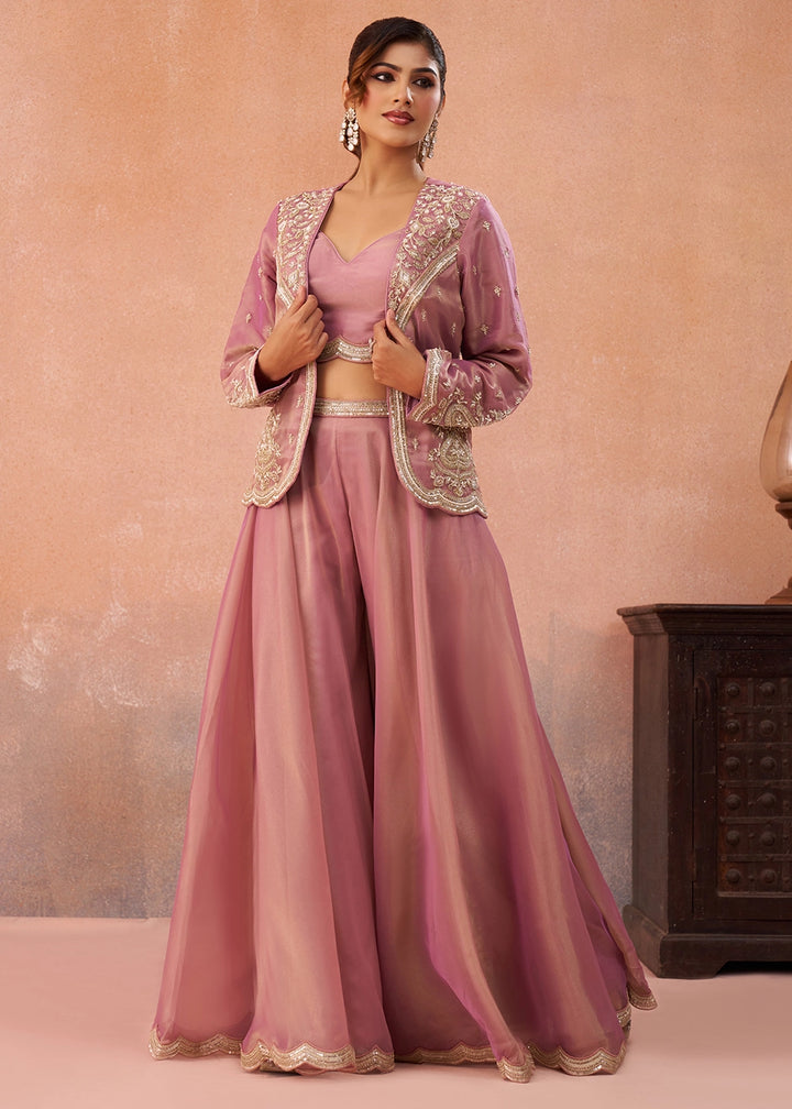 Pinkish Purple Tissue Top & Palazzo Ensemble with Embroidered Jacket