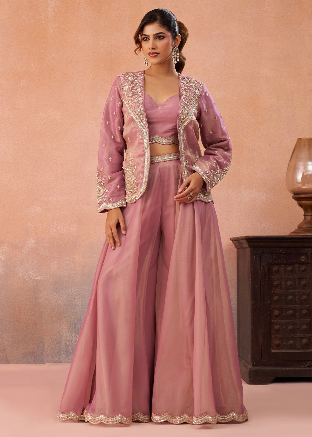Pinkish Purple Tissue Top & Palazzo Ensemble with Embroidered Jacket
