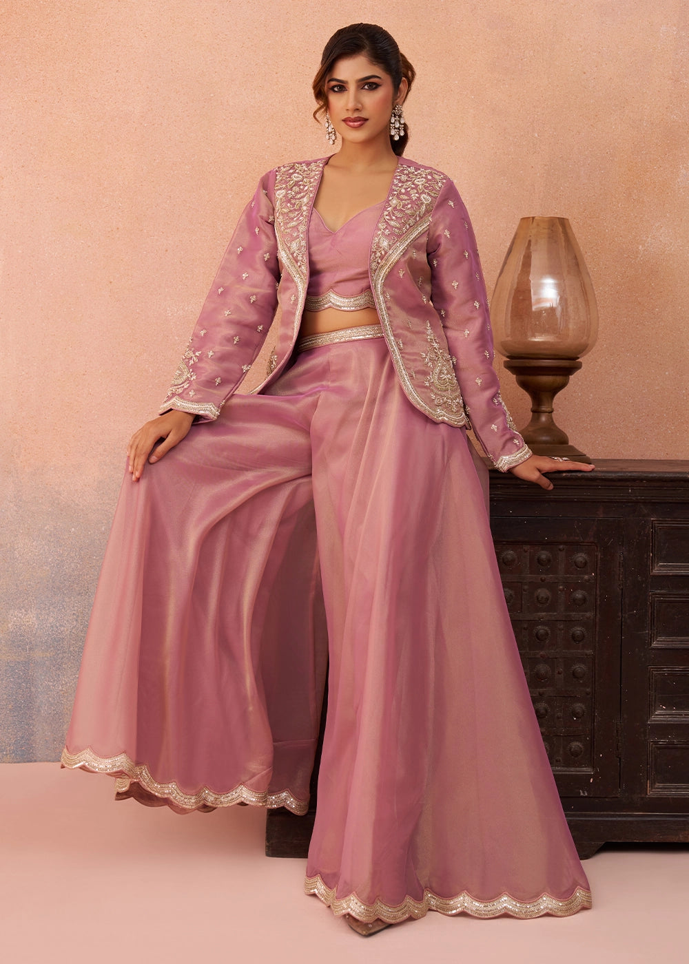 Pinkish Purple Tissue Top & Palazzo Ensemble with Embroidered Jacket
