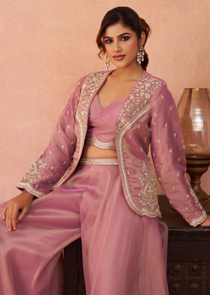 Pinkish Purple Tissue Top & Palazzo Ensemble with Embroidered Jacket