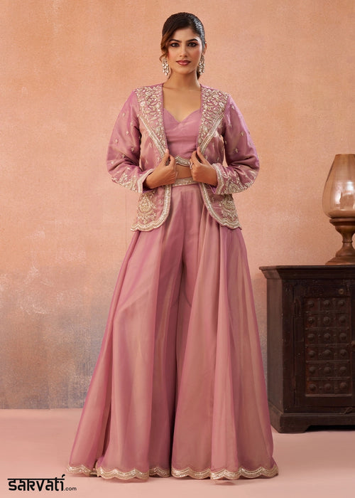 Pinkish Purple Tissue Top & Palazzo Ensemble with Embroidered Jacket