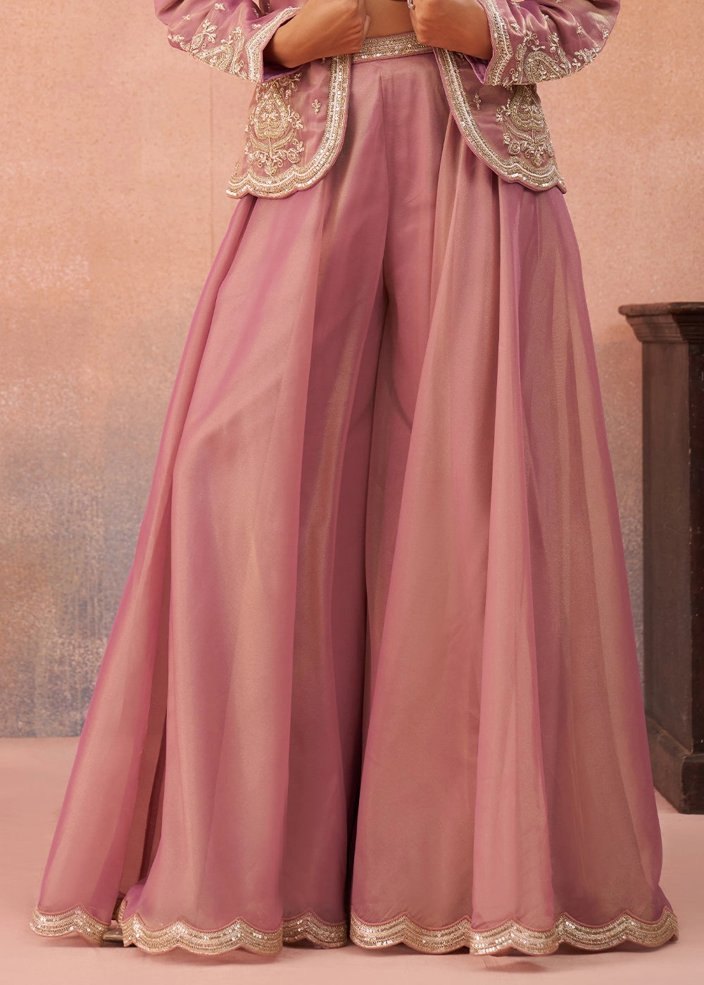 Pinkish Purple Tissue Top & Palazzo Ensemble with Embroidered Jacket
