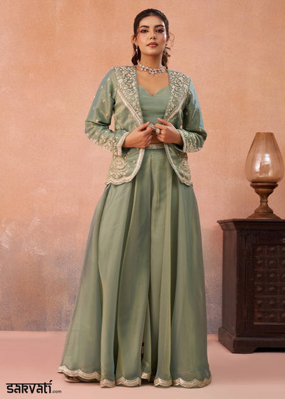 Meadow Green Tissue Top & Palazzo Ensemble with Embroidered Jacket