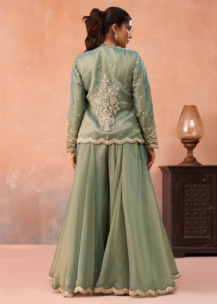 Meadow Green Tissue Top & Palazzo Ensemble with Embroidered Jacket