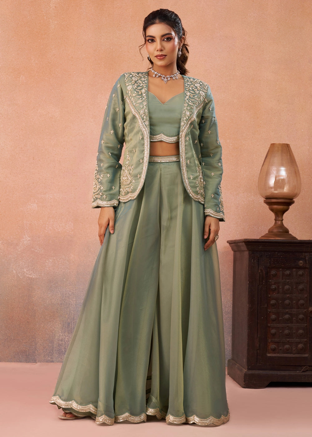 Meadow Green Tissue Top & Palazzo Ensemble with Embroidered Jacket