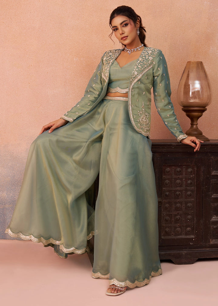 Meadow Green Tissue Top & Palazzo Ensemble with Embroidered Jacket