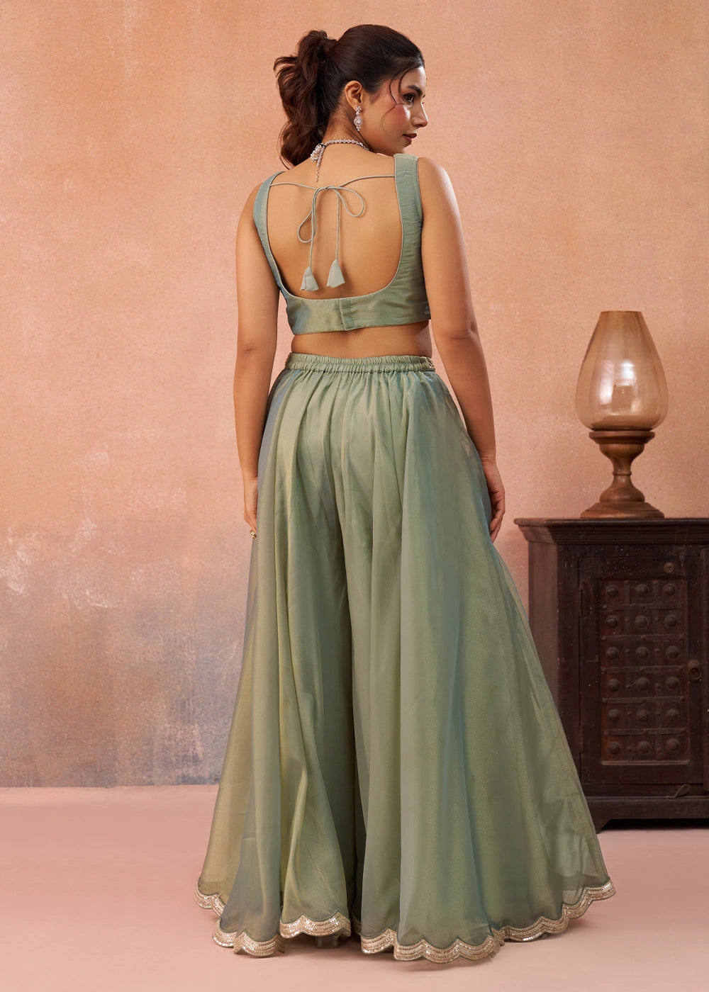 Meadow Green Tissue Top & Palazzo Ensemble with Embroidered Jacket