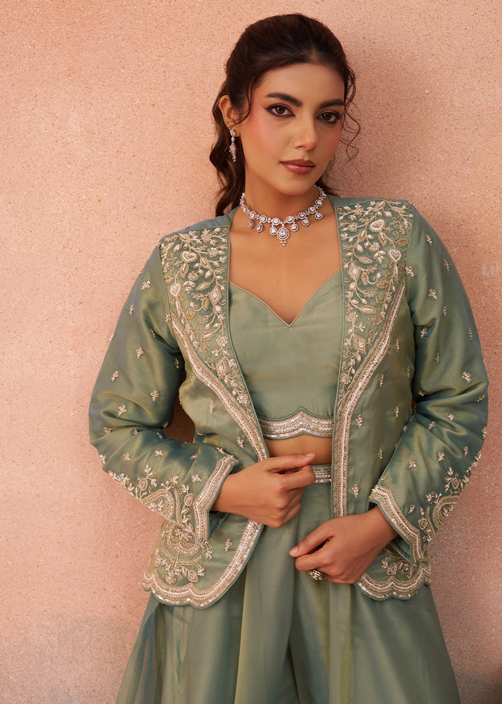 Meadow Green Tissue Top & Palazzo Ensemble with Embroidered Jacket