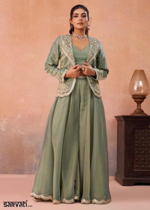Meadow Green Tissue Top & Palazzo Ensemble with Embroidered Jacket