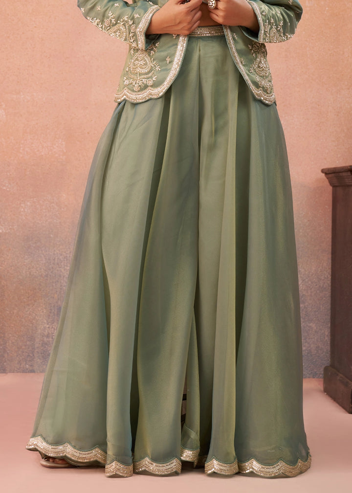 Meadow Green Tissue Top & Palazzo Ensemble with Embroidered Jacket