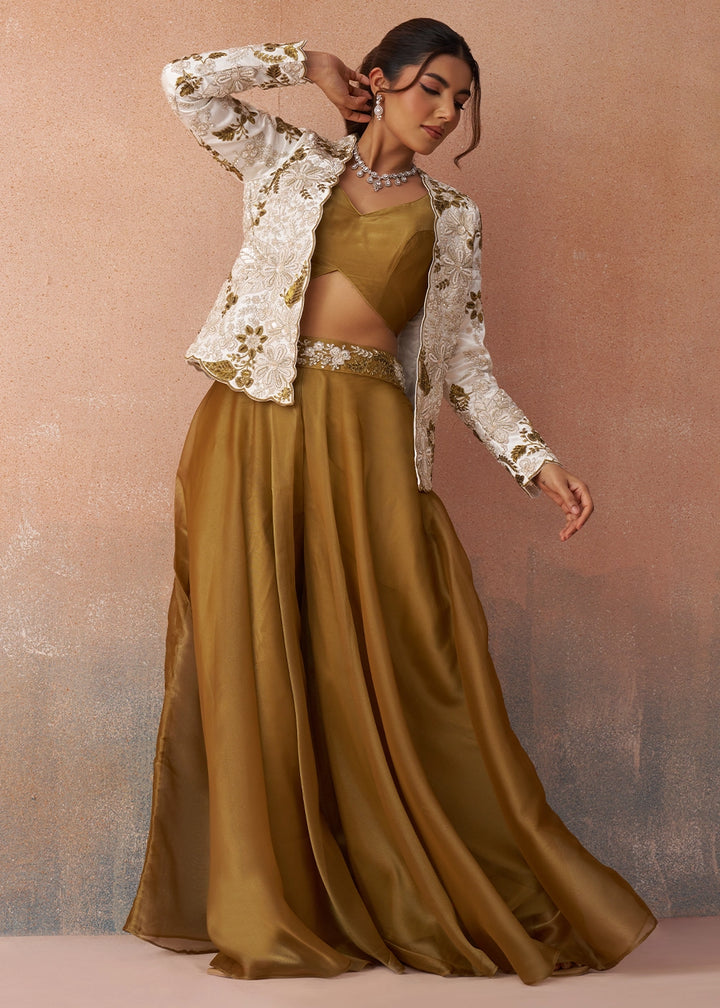 Russet Brown Tissue Top & Palazzo Ensemble with White Jacket