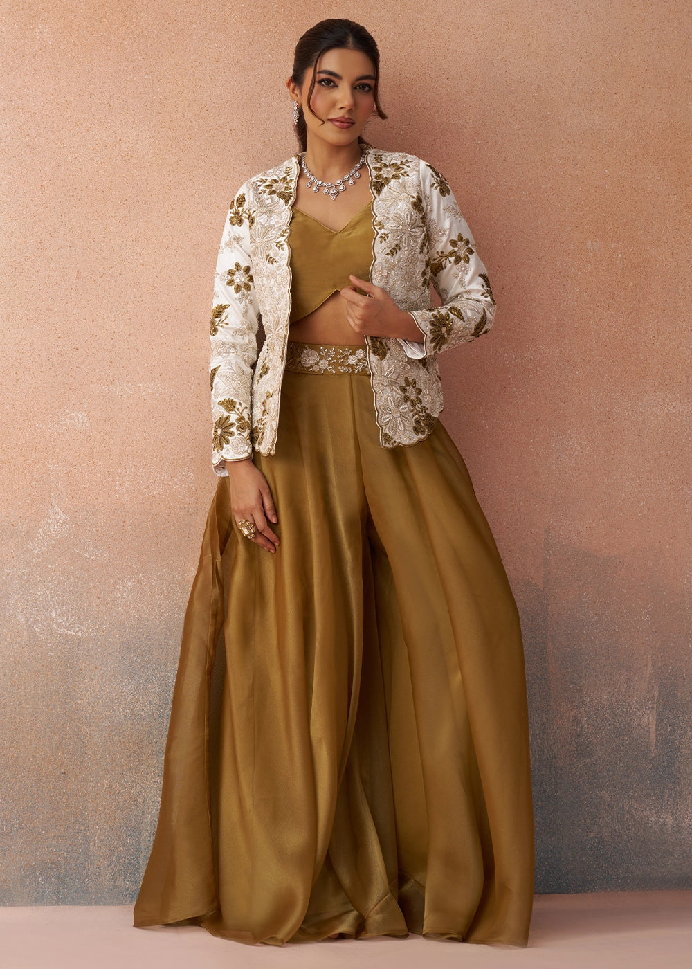 Russet Brown Tissue Top & Palazzo Ensemble with White Jacket