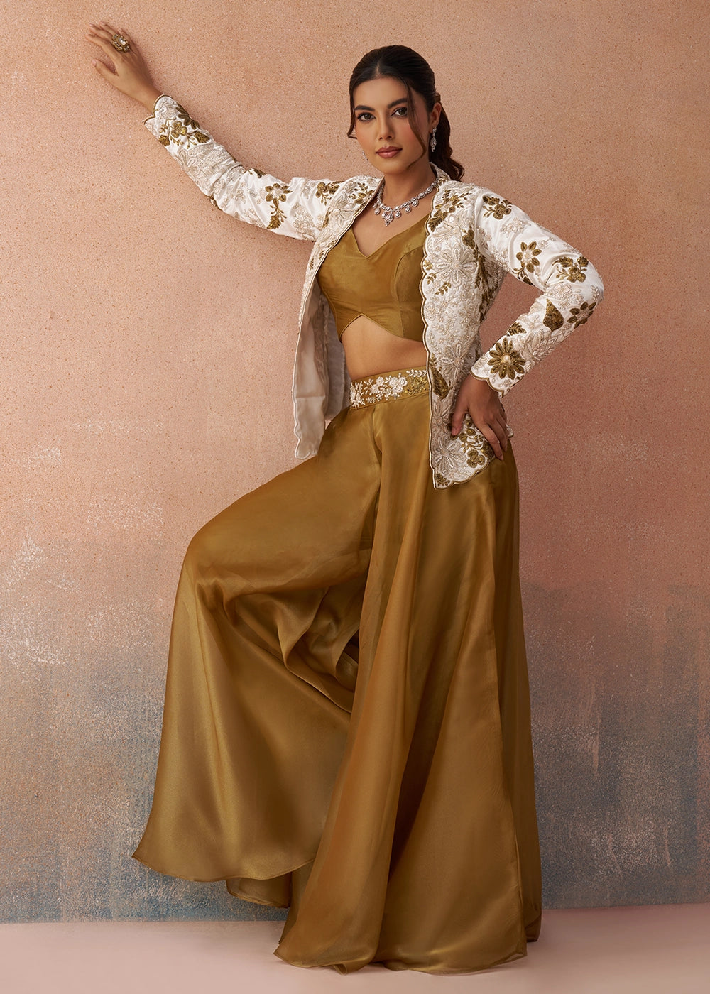 Russet Brown Tissue Top & Palazzo Ensemble with White Jacket