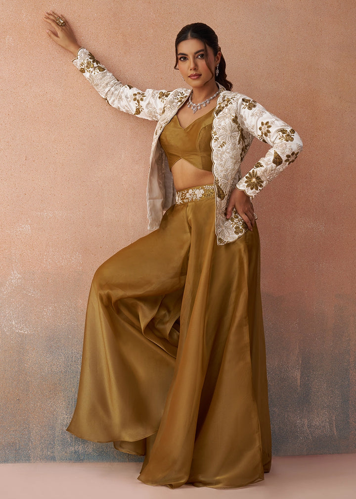 Russet Brown Tissue Top & Palazzo Ensemble with White Jacket