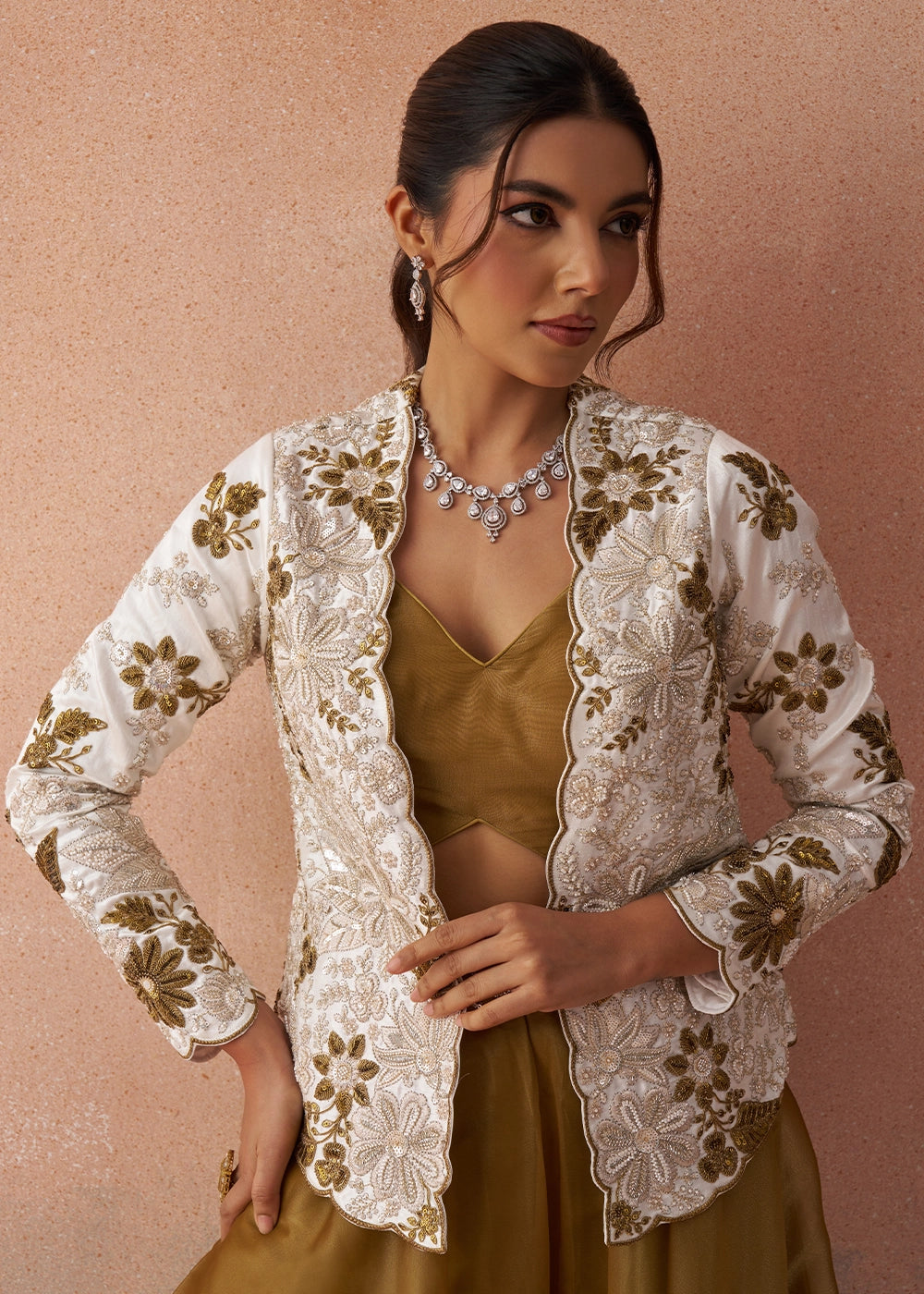 Russet Brown Tissue Top & Palazzo Ensemble with White Jacket