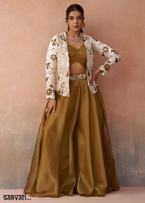 Russet Brown Tissue Top & Palazzo Ensemble with White Jacket