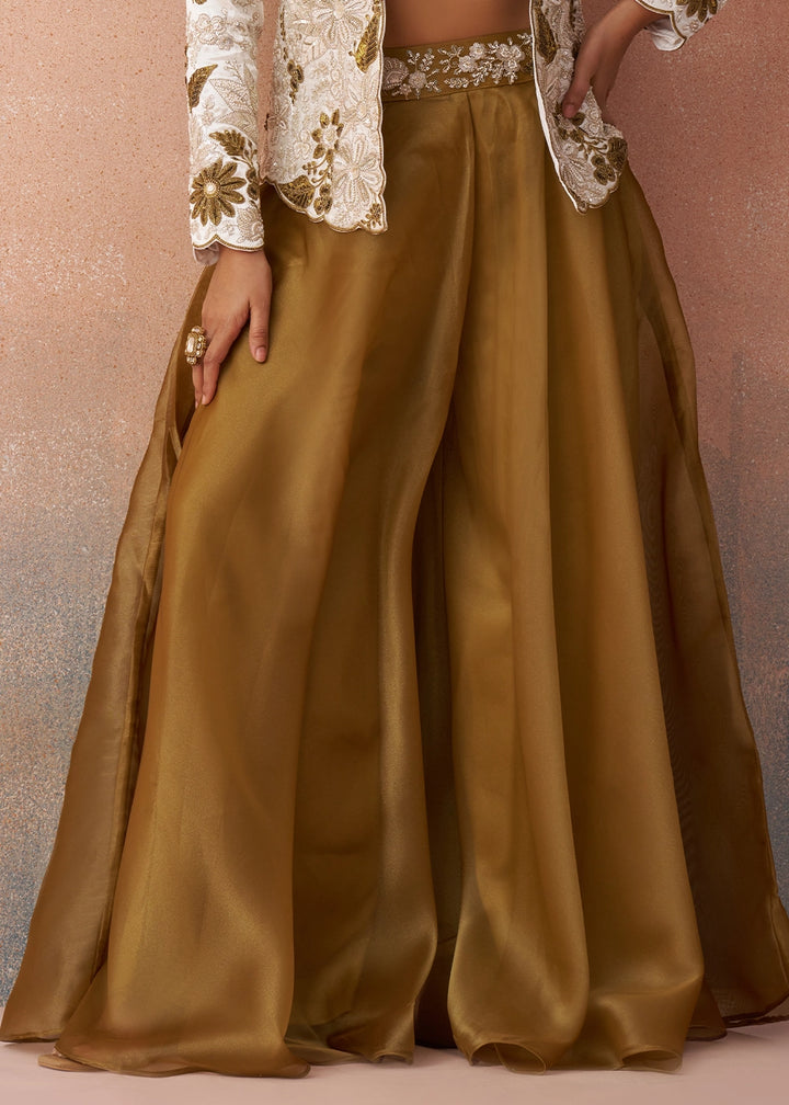 Russet Brown Tissue Top & Palazzo Ensemble with White Jacket