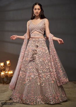Mauve Rose Pink Net Lehenga Choli with Heavy Sequin Threadwork, Floral Embroidery & Embellished Belt