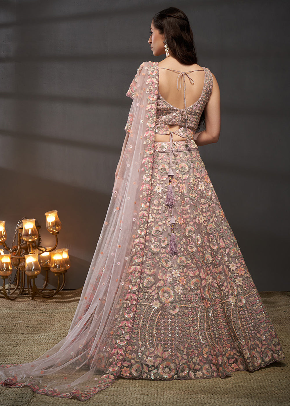 Mauve Rose Pink Net Lehenga Choli with Heavy Sequin Threadwork, Floral Embroidery & Embellished Belt