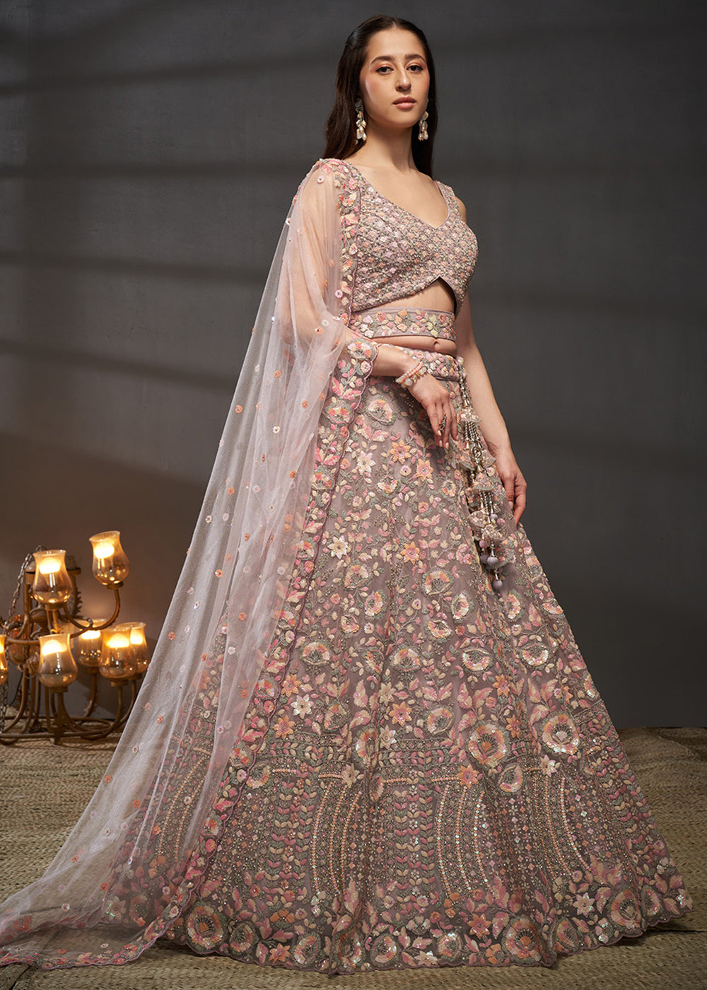 Mauve Rose Pink Net Lehenga Choli with Heavy Sequin Threadwork, Floral Embroidery &amp; Embellished Belt