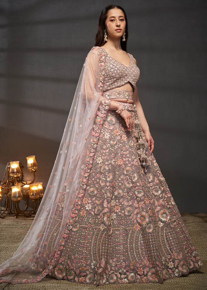 Mauve Rose Pink Net Lehenga Choli with Heavy Sequin Threadwork, Floral Embroidery &amp; Embellished Belt