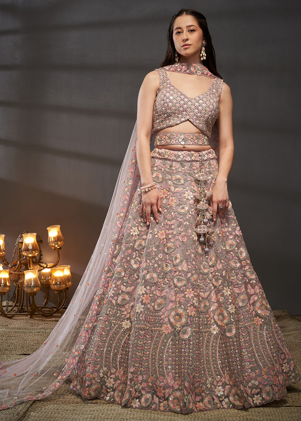 Mauve Rose Pink Net Lehenga Choli with Heavy Sequin Threadwork, Floral Embroidery &amp; Embellished Belt
